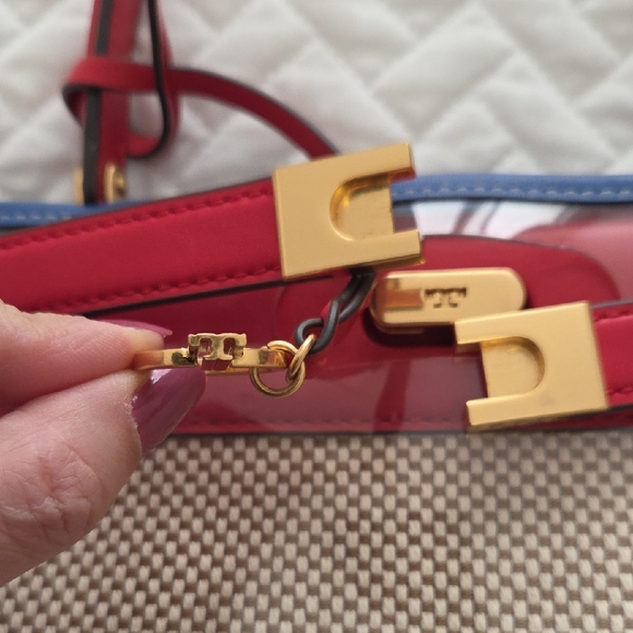 Tory Burch Lee Radziwill Bag w/ Raincoat Red and Blue Accents - Picture 9 of 16
